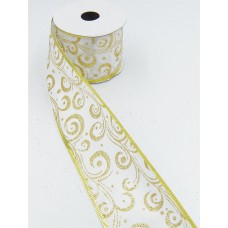 2.5 Inch Wired Christmas Ribbon with Gold Metallic Swirls on White Satin, 10 Yds (Lot of 1 Spool) SALE ITEM